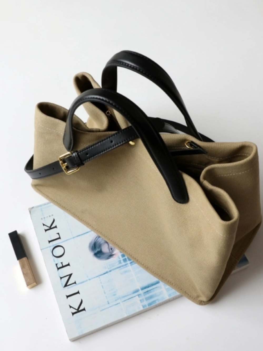 Canvas Shoulder Tote Handbag with Black Handles - Picture 4 of 6